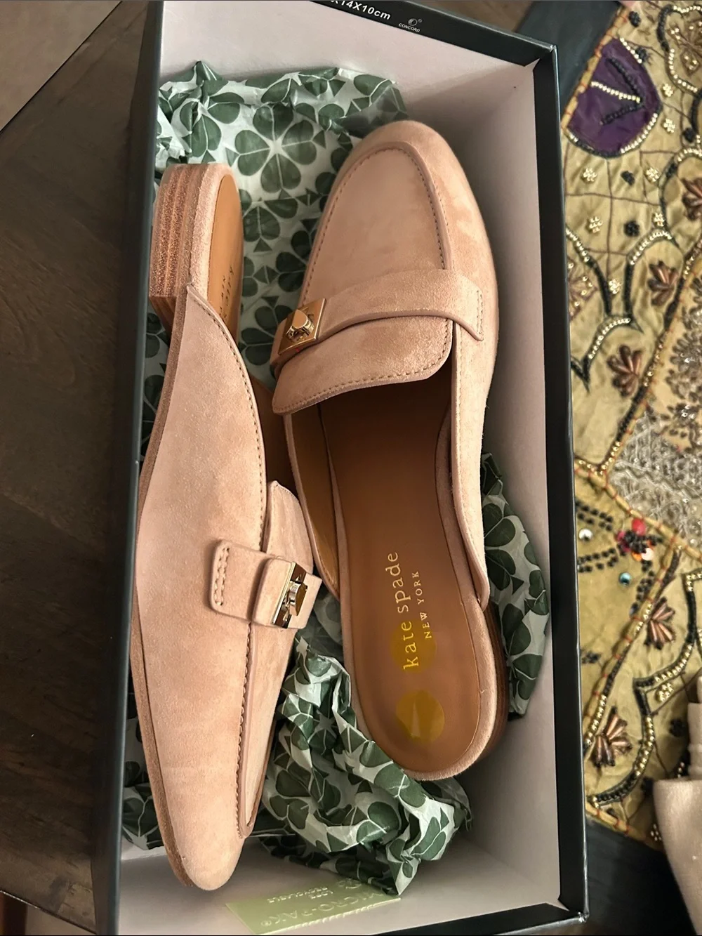 kate spade Blush Pink Suede Backless Loafers with Gold Logo Accent